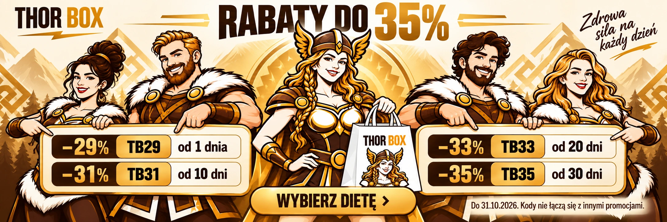 Wojowniczka THOR BOX pośrodku, drużyna prezentuje złote tablice z kodami rabatowymi TB29, TB31, TB33 i TB35.